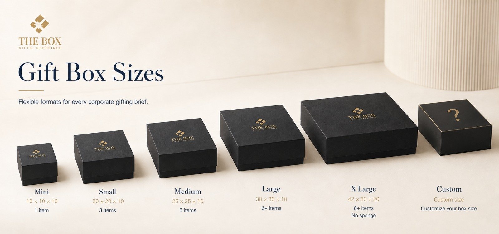 Corporate gift box sizes — Mini, Small, Medium, Large, X Large and Custom formats by The Box Concept