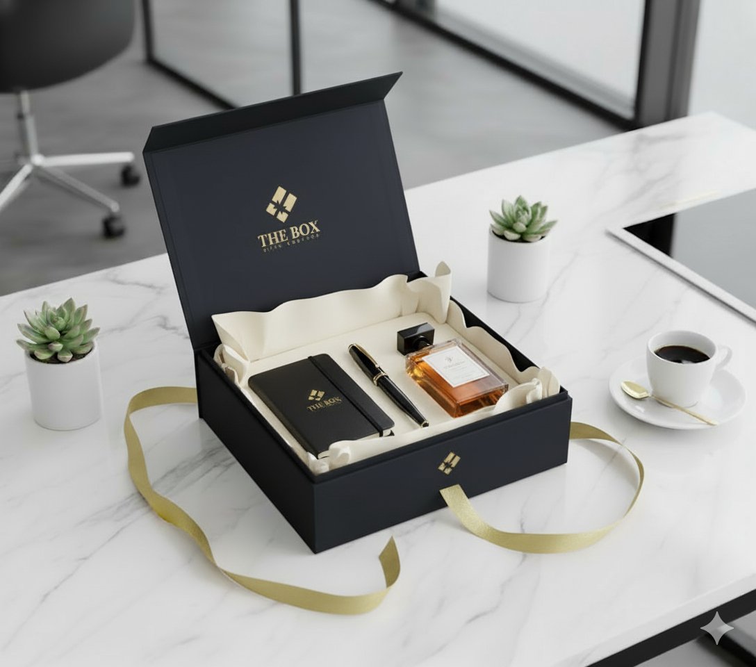 Elegant corporate gift box with branded coffee accessories