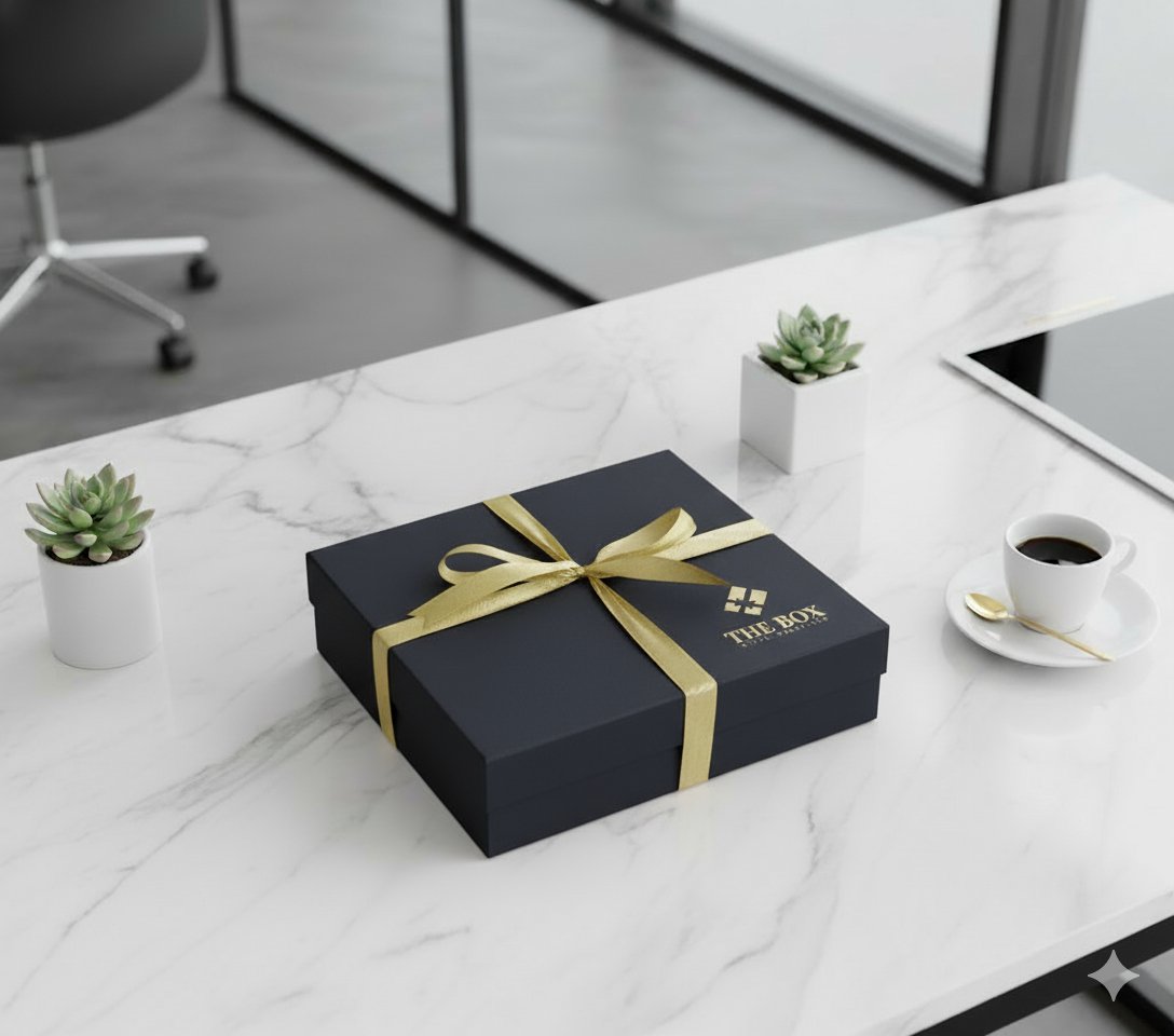 Corporate gift box — branded desk set with notebook, pen and accessories