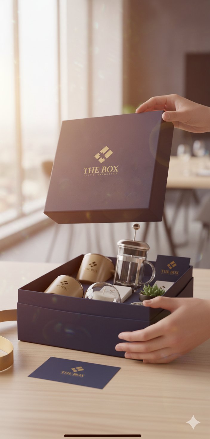 Executive corporate gift box with custom logo and ribbon